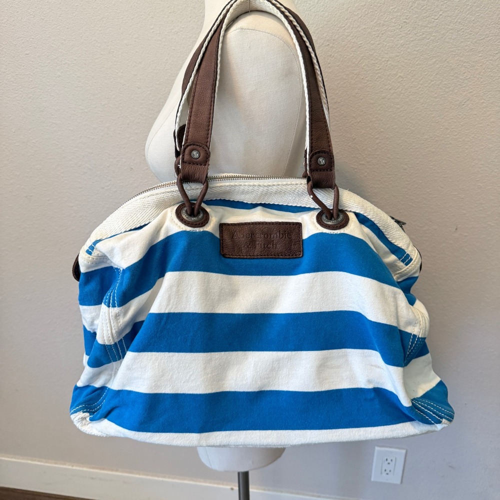 Abercrombie & Fitch Blue White Striped Canvas Tote Bag Brown Leather Trim